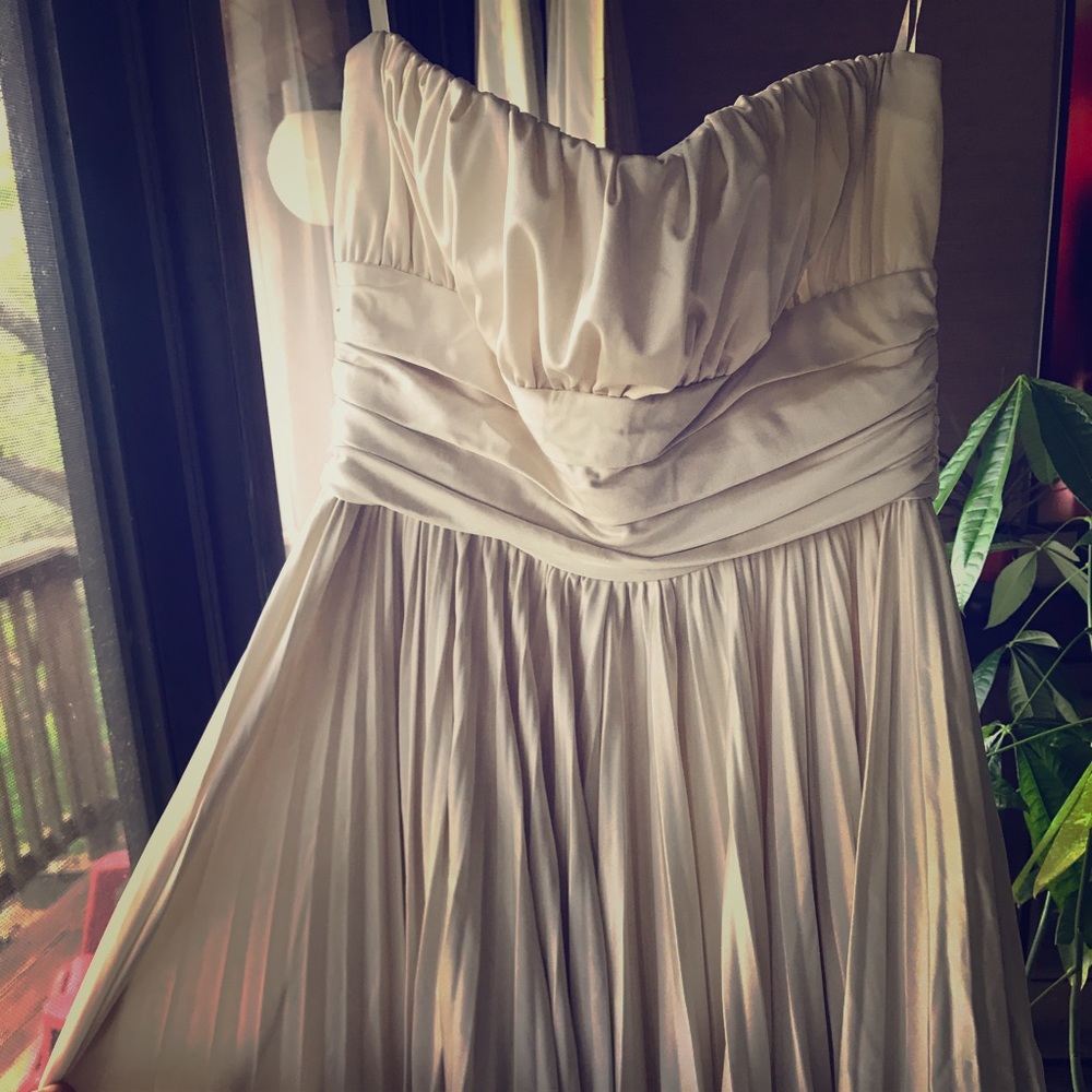 Tea length cream colored satin dress